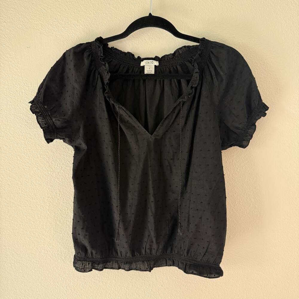 Vintage y2k Caché Women's Black Swiss Dot V-Neck Blouse with Flutter Sleeves